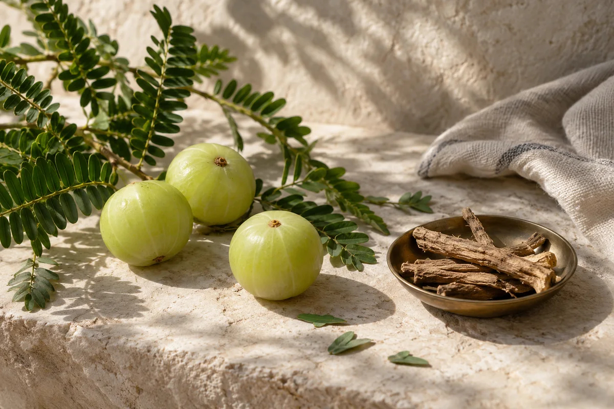 Botanical still life with amla, leafy branches and dried roots in a brass dish