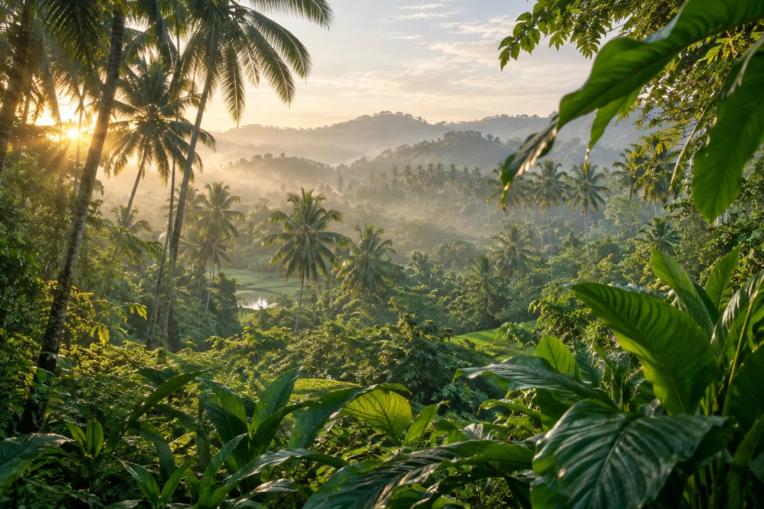 An imagined Kerala landscape in soft morning light